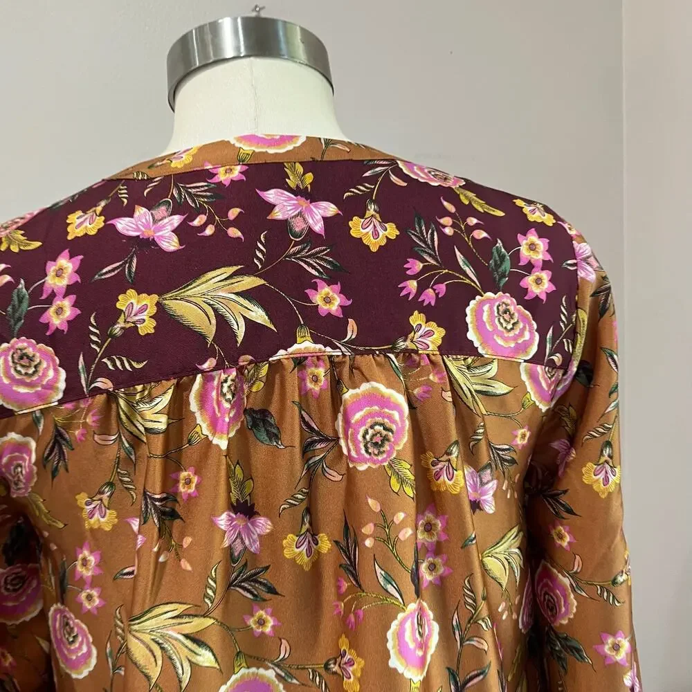 LOFT Fall Floral Blouse Long Sleeve Boho Harvest Print Top Size S - Picture 8 of 11